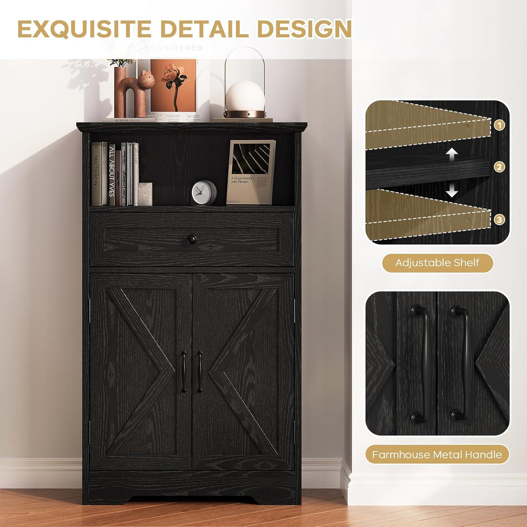 Floor Cabinet, Farmhouse Storage Cabinet with Barn Doors and Drawer, 11.81" D x 23.62" W x 39.37" H Black Freestanding Adjustable Shelf Organizer for Bathroom, Kitchen, Living Room