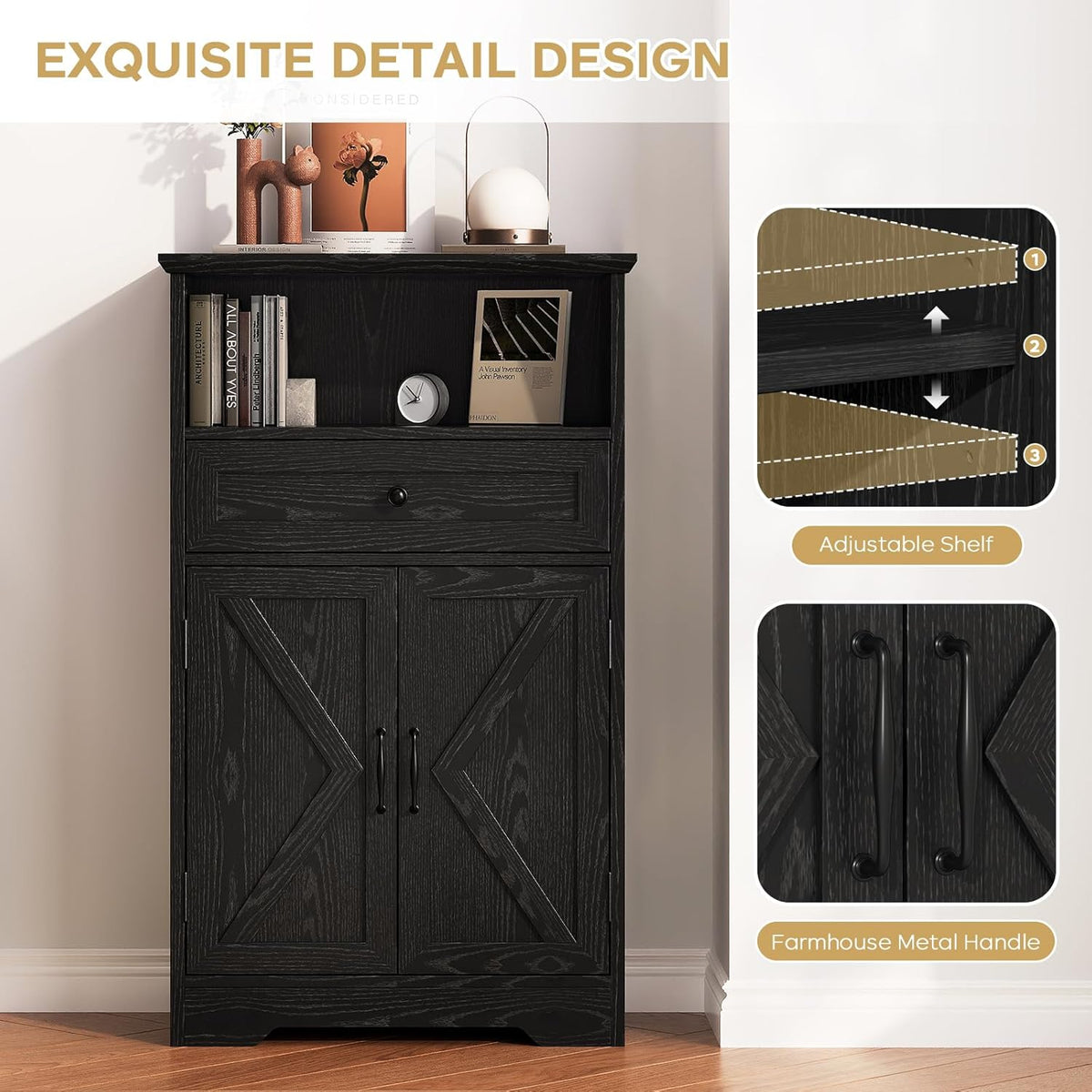 Floor Cabinet, Farmhouse Storage Cabinet with Barn Doors and Drawer, 11.81" D x 23.62" W x 39.37" H Black Freestanding Adjustable Shelf Organizer for Bathroom, Kitchen, Living Room