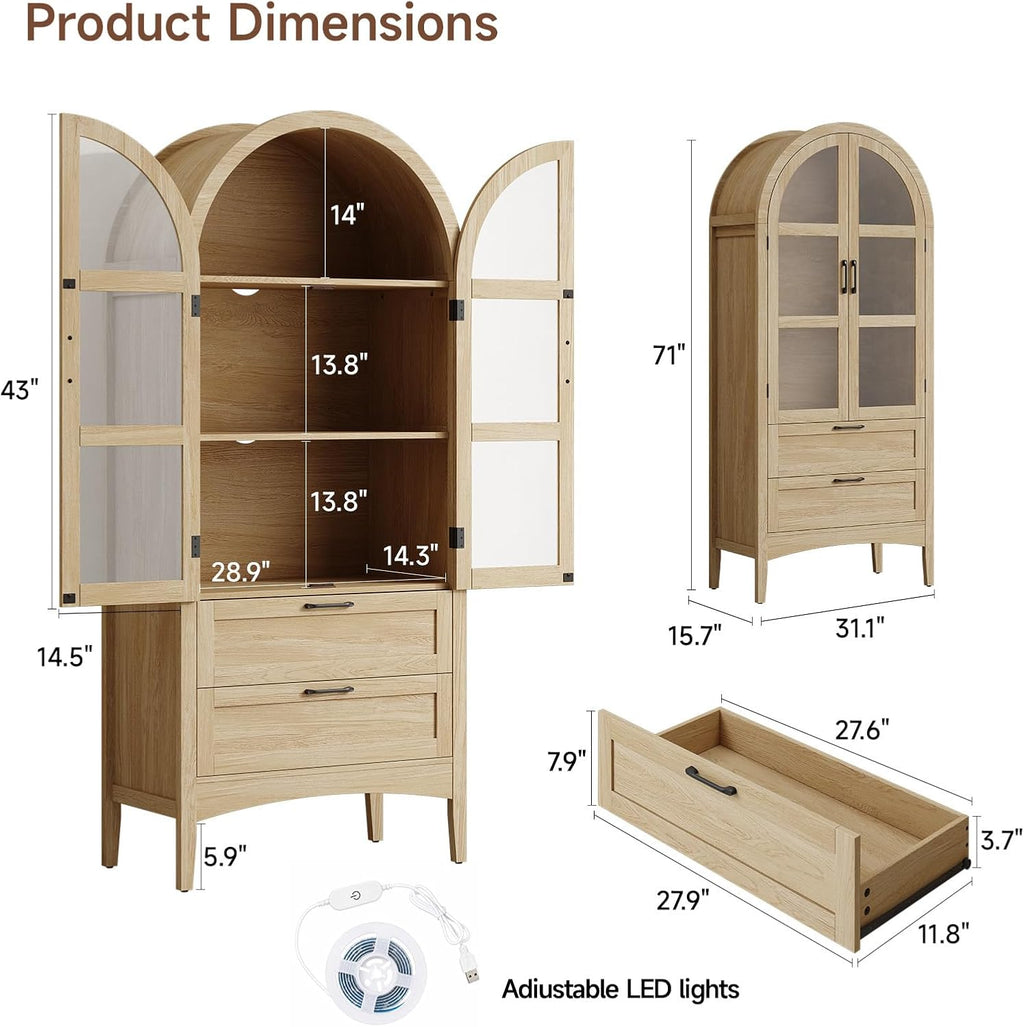 ONBRILL 71" Tall Arched Display Cabinet with LED Lights, Arched Kitchen Pantry with 2 Drawers, Modern Display Storage Cabinets with Adjustable Feet, Pantry Cabinet for Kitchen, Living/Dining Room
