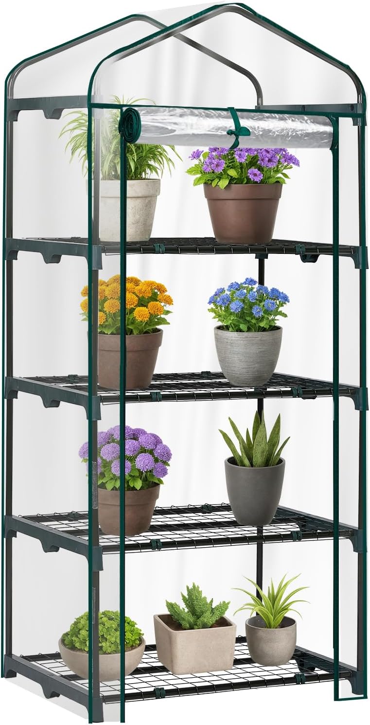 Outvita Mini Greenhouse, Small PVC Plant Green House with 4 Tiers Rack, Shelf Clips, Roll-up Zipper Door, Gardening Supplies for Indoor Outdoor Seedling Frost Protection, 27"x19.6"x63" Transparent
