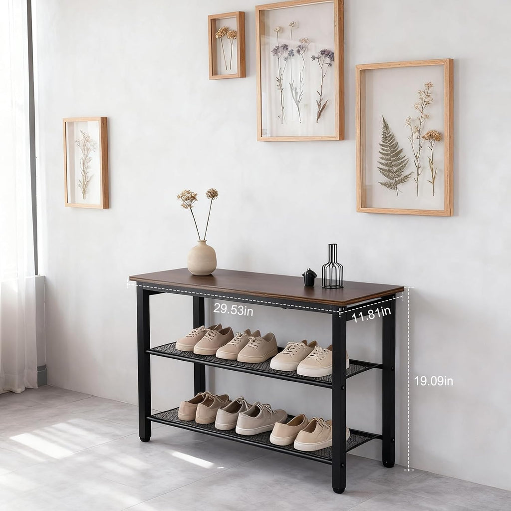 3-Tier Shoe Rack Bench, Industrial Shoe Organizer with Metal Mesh Shelves and Wood Seat, 29.5 Inch Entryway Storage Bench for Living Room or Hallway, Rustic Brown