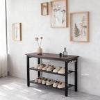3-Tier Entryway Shoe Bench with Wood Seat, Industrial Metal Mesh Storage Rack for Hallway, Living Room, Rustic Brown, 29.5 Inch