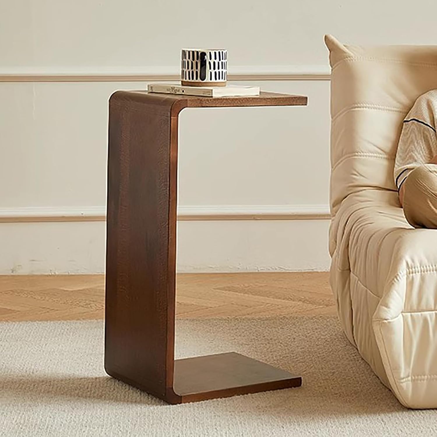 Solid Wood End Table for Couch,C Shaped Side Table Slide Under Sofa Table for Space Saving,Living Room Bedroom Laptop Work Desk Small Coffee Table(13.8" W x 9.8" D x 24.4" H, Walnut)