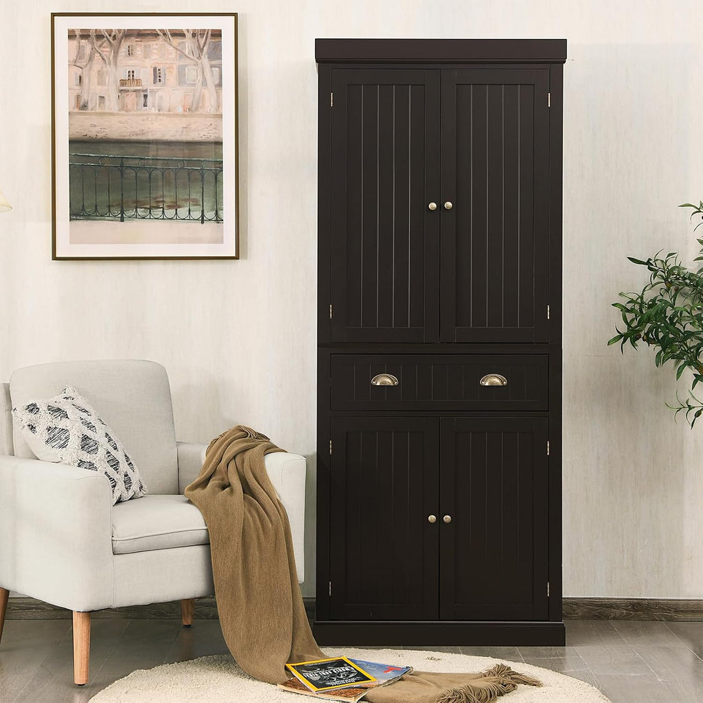 72" Kitchen Pantry Cabinet, Kitchen Cupboard with 2 Double-Doors Cabinet, Large Drawer, 4 Adjustable Shelves, Traditional Tall Storage Cabinets for Dining Room, Bathroom, Brown