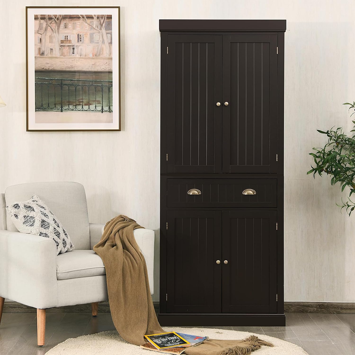 72" Kitchen Pantry Cabinet, Kitchen Cupboard with 2 Double-Doors Cabinet, Large Drawer, 4 Adjustable Shelves, Traditional Tall Storage Cabinets for Dining Room, Bathroom, Brown