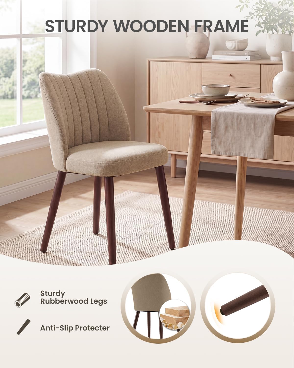 Upholstered Dining Chairs Set of 4, Farmhouse Fabric Kitchen Chairs with Solid Wood Legs, Modern Dining Room Chairs for Restaurant & Cafe, Camel