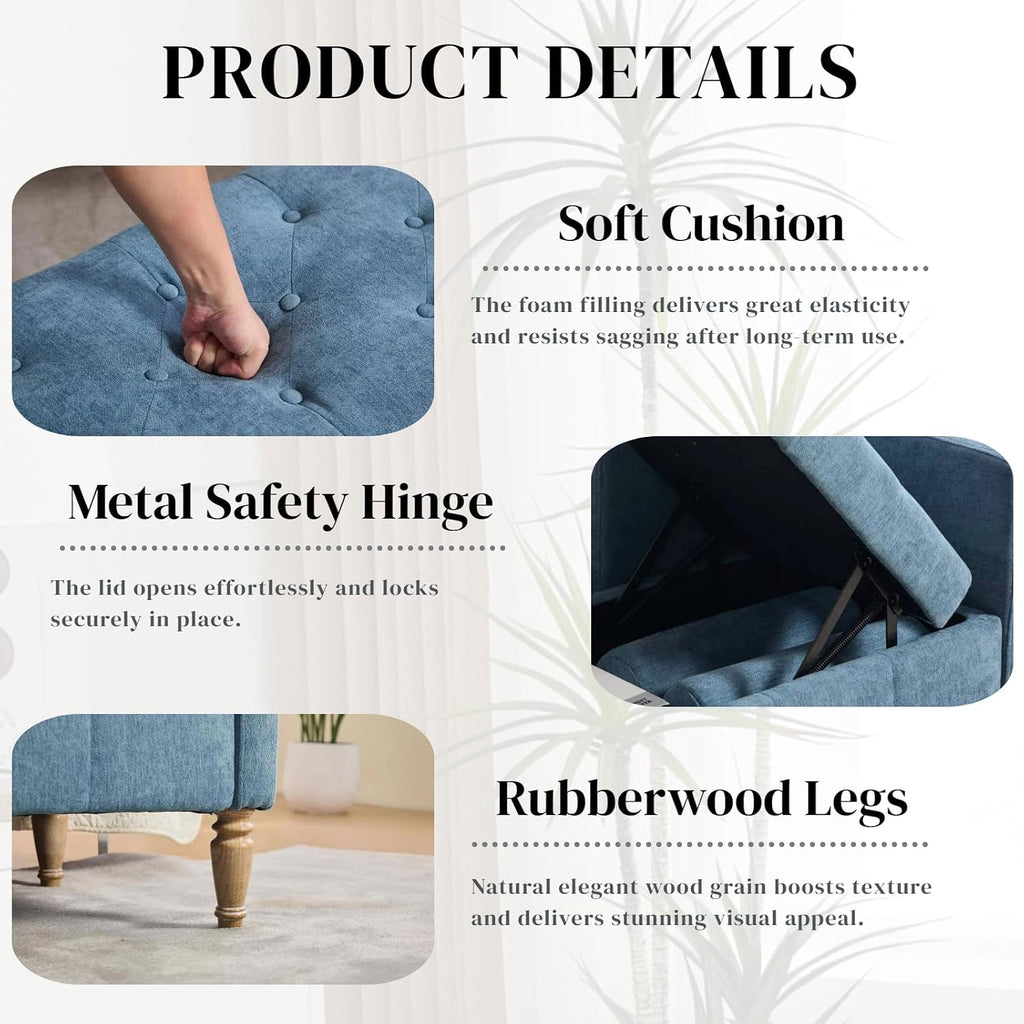Aoiy & Wifon 64.57" W End of Bed Bench King Size, Upholstered Large Storage Ottoman Bench with Bolster Pillows & Armrest, Window Seat Bench for Living Room Bedroom, Chenille, Blue