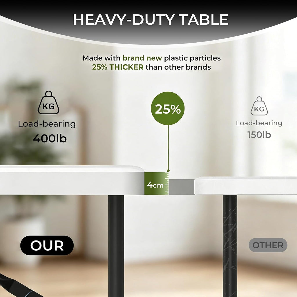 4FT Folding Table, Heavy Duty 400LBS-White | Portable, rust-proof metal frame For Working Meeting Parties Picnic Camping wedding indoor & outdoor use, easy fold & carry