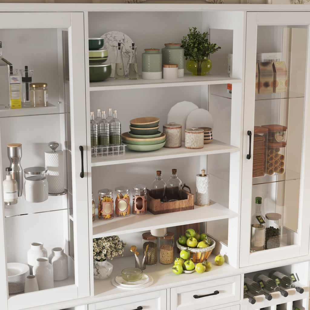 Timechee 78.7" Kitchen Pantry Storage Cabinet, Cupboard with Drawers and Wine Rack,Tall Food Pantry Cabinets with Tempered Glass Doors & Adjustable Shelves,Hutch Cabinet with Storage for Kithen,White