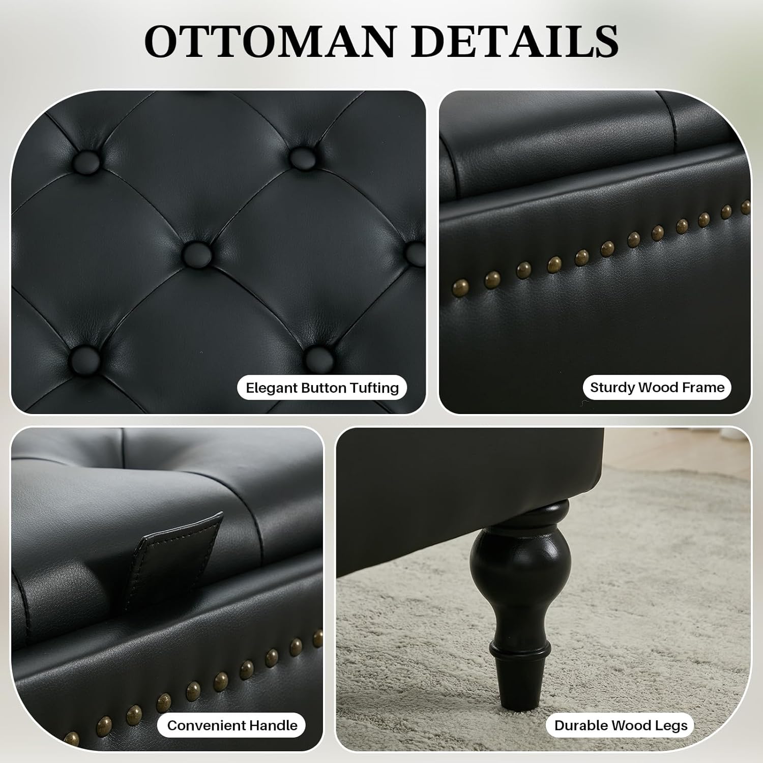 Storage Ottoman Coffee Table, Large Ottoman with Storage Oversized Square Footstool with Anti-Slip Embedded Lid, Tufted Upholstered Ottomans for Living Room, Black Faux Leather