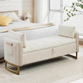 66" End of Bed Storage Bench King Size, Velvet Storage Benches for Bedroom Foot of Bed, Upholstered Storage Ottoman Bench with Golden Legs and Pillow for Living Room Window Entryway, Cream