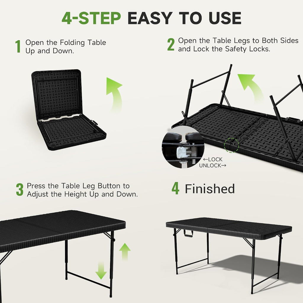 Folding Table 4 Foot - 3 Level Adjustable Height, HDPE Wicker Pattern, Heavy Duty 440LBS Capacity, Portable - for Camping, Party, Indoor & Outdoor Use, 2 Pack