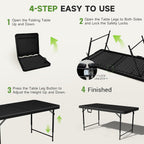 Folding Table 4 Foot - 3 Level Adjustable Height, HDPE Wicker Pattern, Heavy Duty 440LBS Capacity, Portable - for Camping, Party, Indoor & Outdoor Use, 2 Pack