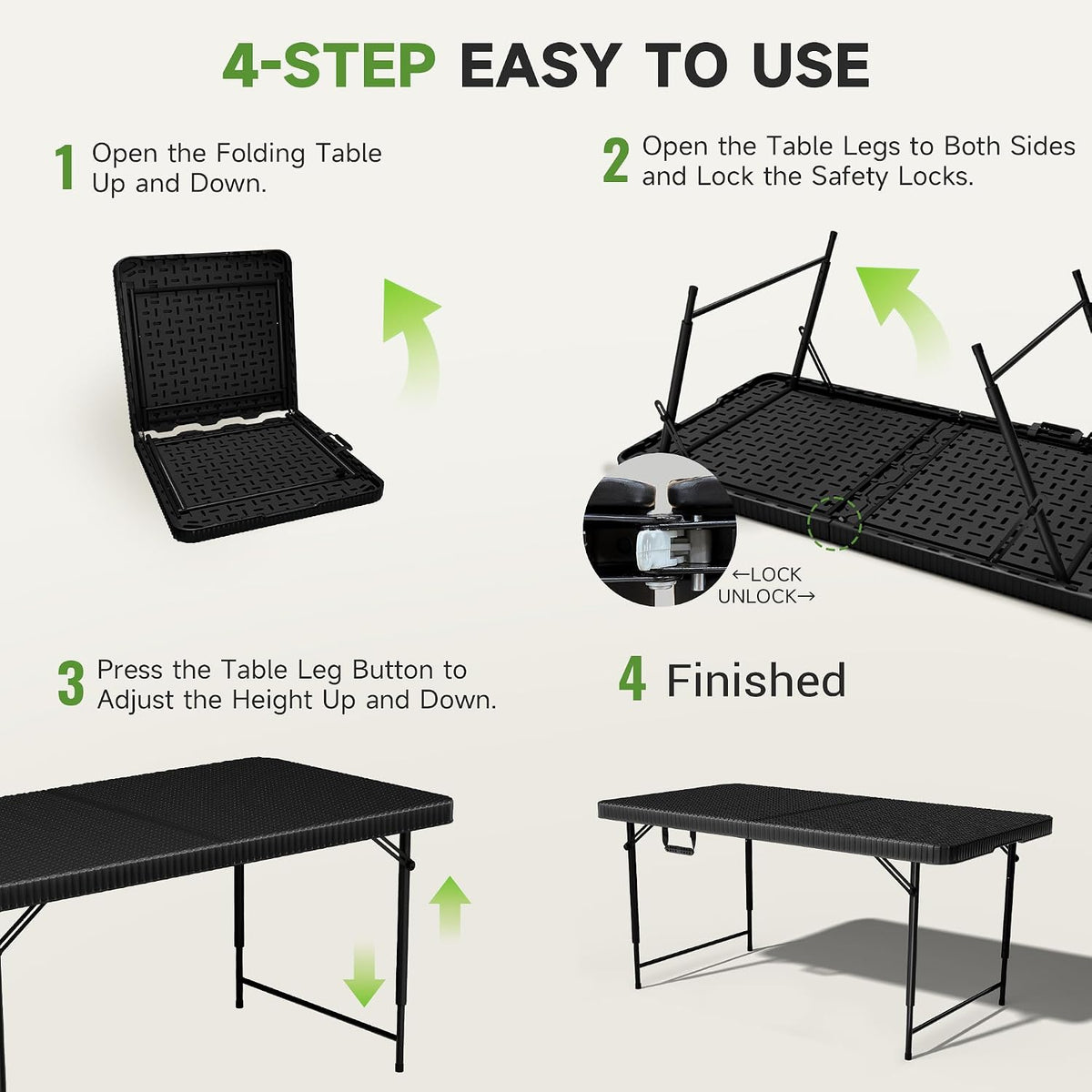 Folding Table 4 Foot - 3 Level Adjustable Height, HDPE Wicker Pattern, Heavy Duty 440LBS Capacity, Portable - for Camping, Party, Indoor & Outdoor Use, 2 Pack