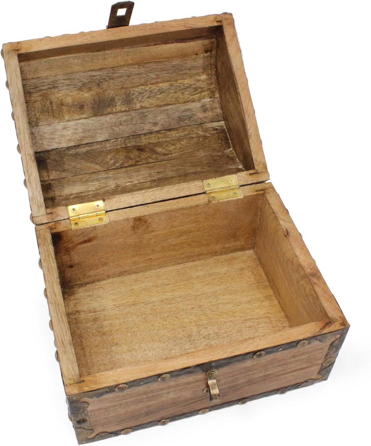 Nautical Cove Antiqued Finished Wood Treasure Chest with Decorative Rivets and Reinforcing Iron Strips with Lock and Skeleton Keys (Light Antique, Small 8 x 6 x 6)