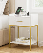 Aienvey Nightstand with Charging Station,Bedside Table with Drawer and 2 Shelf Storage, Small Side Table, Modern White Night Stand, Tall End Table for Bedroom, Living Room