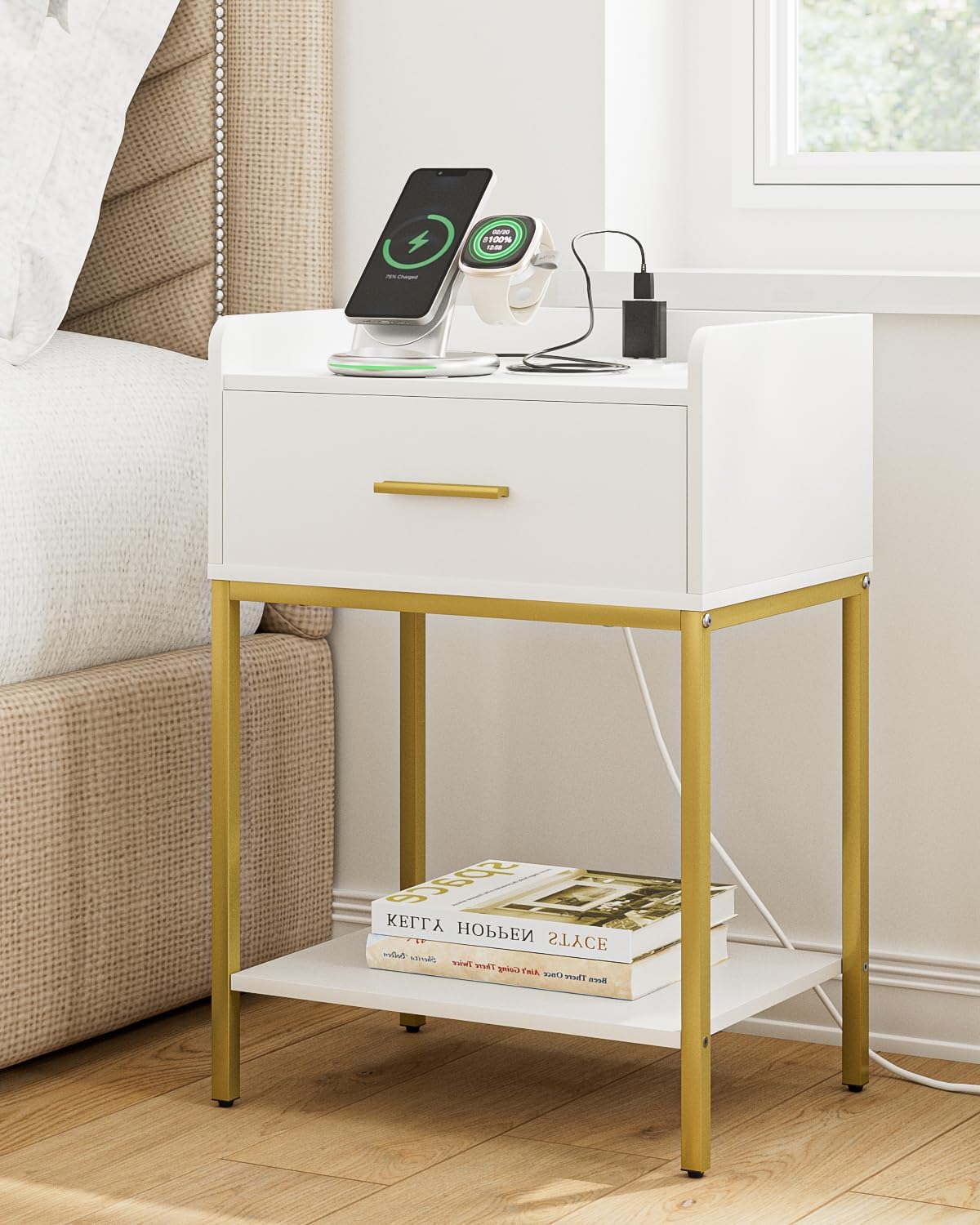 Aienvey Nightstand with Charging Station,Bedside Table with Drawer and 2 Shelf Storage, Small Side Table, Modern White Night Stand, Tall End Table for Bedroom, Living Room