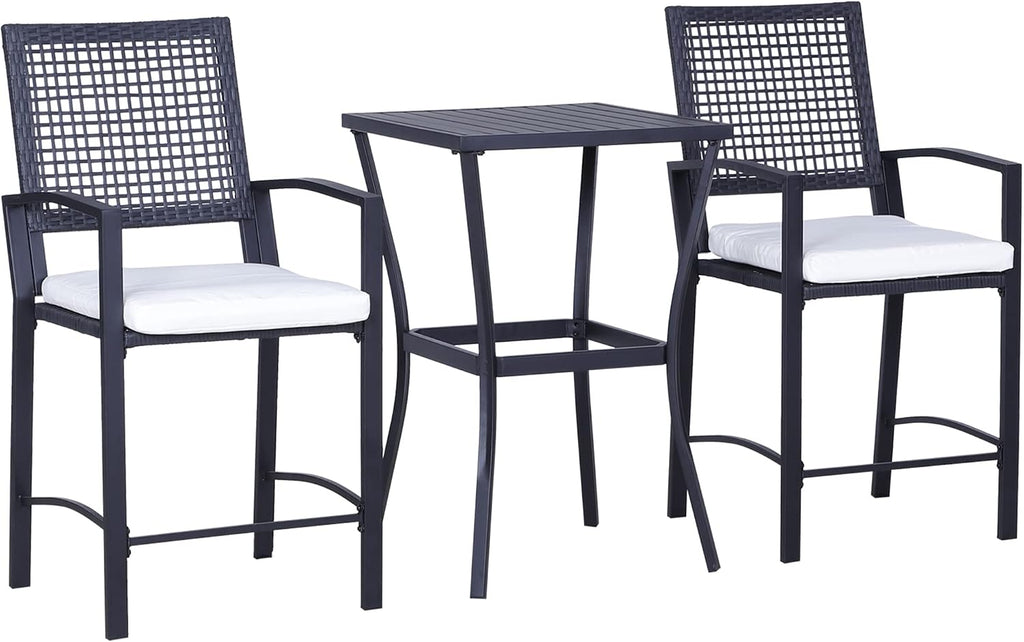 Patio Bar Set, 3 PCS Rattan Wicker Outdoor Furniture Set with Cushioned Stools and Table, Backyard Bistro Dining Set for Lawn Deck Poolside Porch Garden