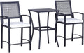 Patio Bar Set, 3 PCS Rattan Wicker Outdoor Furniture Set with Cushioned Stools and Table, Backyard Bistro Dining Set for Lawn Deck Poolside Porch Garden