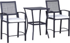 Patio Bar Set, 3 PCS Rattan Wicker Outdoor Furniture Set with Cushioned Stools and Table, Backyard Bistro Dining Set for Lawn Deck Poolside Porch Garden