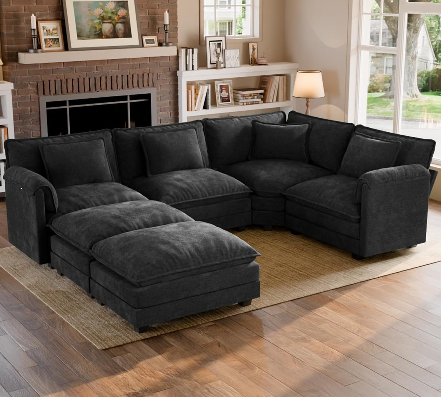 ELUCHANG 114" Oversized V-Shaped Cloud Couch Modular Sectional Sofa with Throw Pillows, 6-Seats w/Corner Comfy Double Layer Upholstered Deep Sofa for Living Room, DIY Combination, Chenille Black