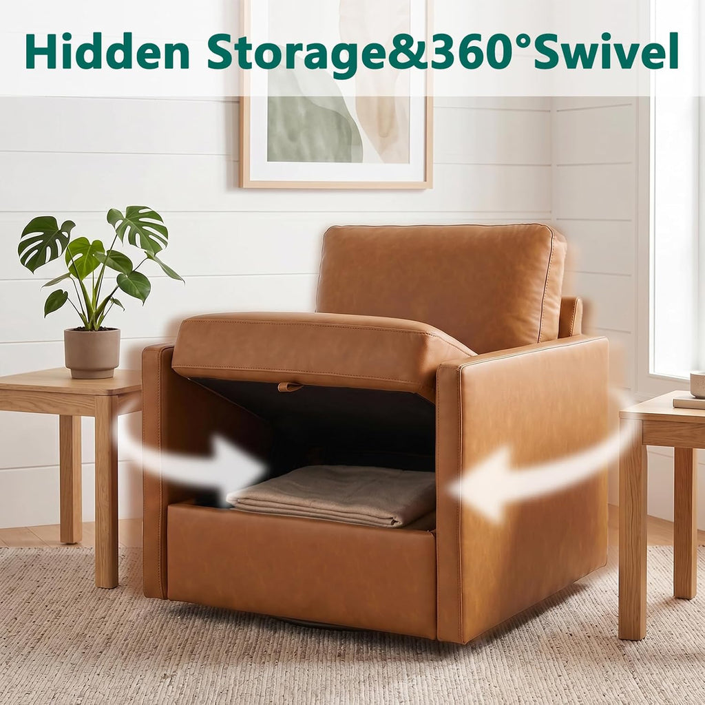 Swivel Accent Chair with Hidden Storage, Mid Century Modern Square Armchair, Comfy Upholstered Reading Single Sofa Chair for Living Room, Faux Leather, Brown, 1 Pack
