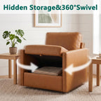 Swivel Accent Chair with Hidden Storage, Mid Century Modern Square Armchair, Comfy Upholstered Reading Single Sofa Chair for Living Room, Faux Leather, Brown, 1 Pack