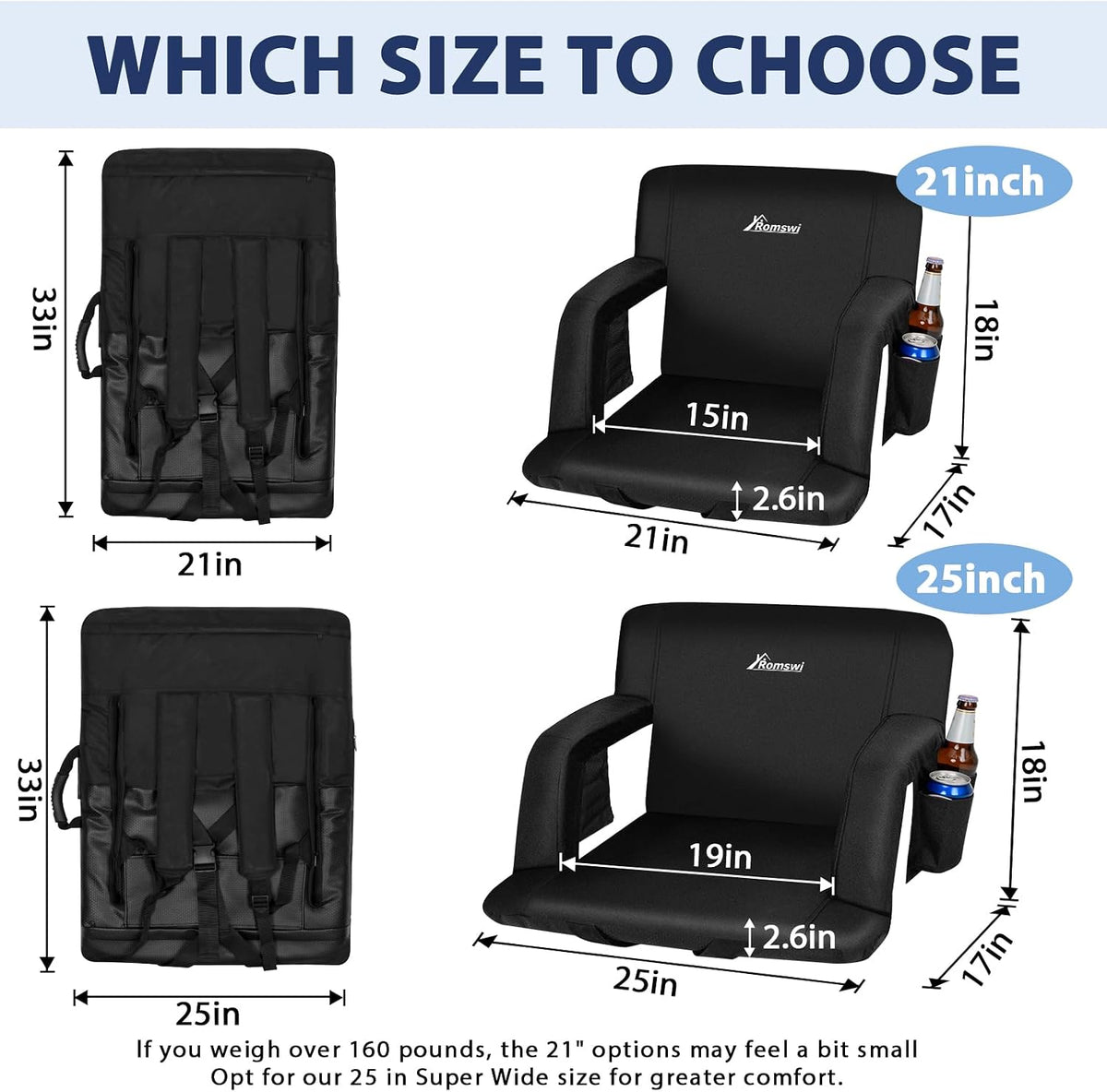 Romswi 2 Pack Wide Backpack Reclining Stadium Seat with Armrests, 6 Adjustable Angle & Hidden Hooks, Bleacher Chair with Padded Backpack Straps & Multiple Pockets for Outdoor (21in)