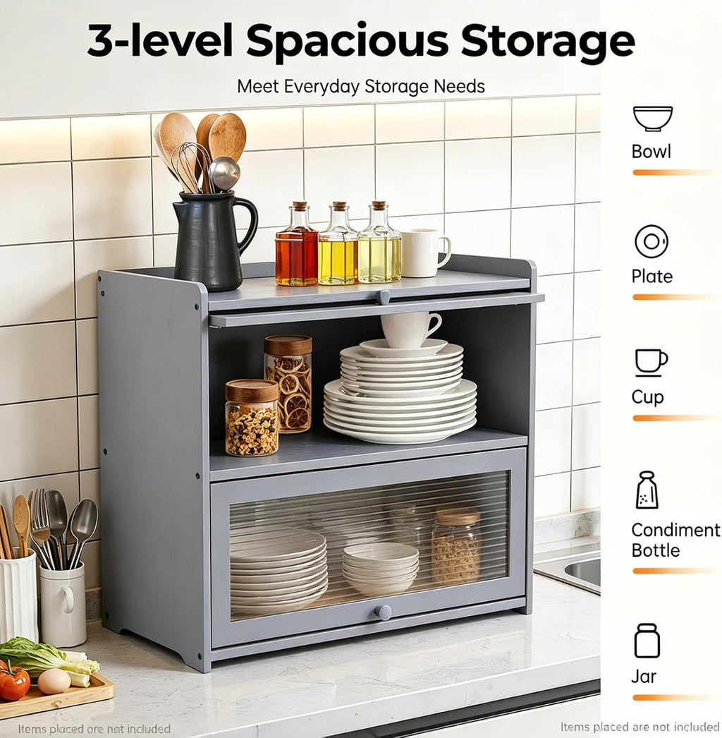 Countertop Kitchen Pantry Cabinet, 20.5x9.8x19.7in Dual-Layer Storage Cabinet for Kitchen Counter, Bamboo Storage Bin with Acrylic Door Panel, Elevated Fence, Translucent Hovering Cabinet Door (Grey)