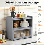 Countertop Kitchen Pantry Cabinet, 20.5x9.8x19.7in Dual-Layer Storage Cabinet for Kitchen Counter, Bamboo Storage Bin with Acrylic Door Panel, Elevated Fence, Translucent Hovering Cabinet Door (Grey)