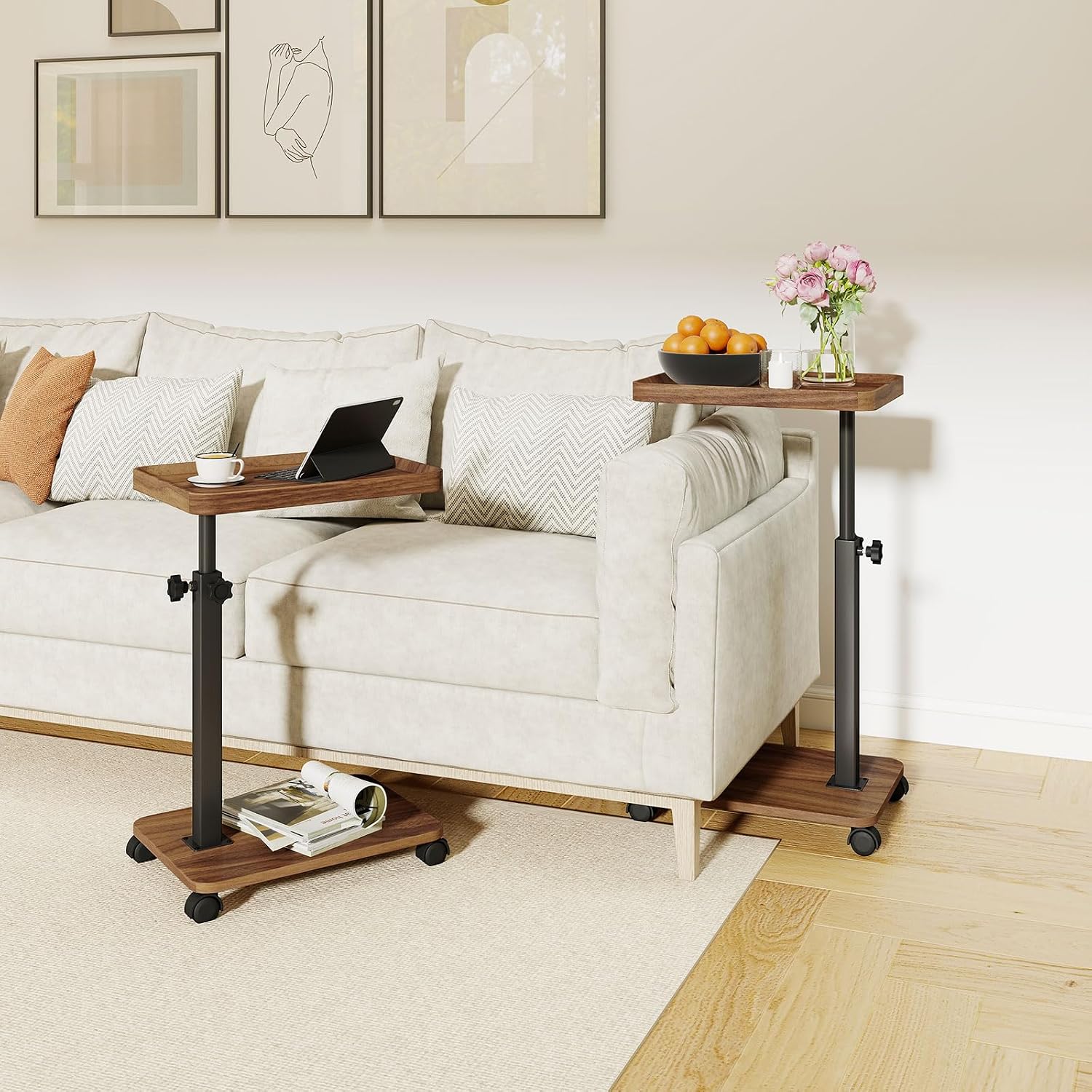 End Table, Adjustable Height Side Table, 360° Rotating MDF Veneer Sofa Side Table with Lockable Wheels, C-Shaped TV Tray Table for Living Room Bedroom (Walnut Brown)