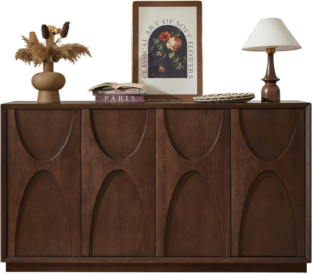 LKTART 59" Sideboard Buffet Cabinet Retro Accent Storage Cabinet with Magnetic Door Latches Adjustable Shelf for Living Room Kitchen(Walnut)