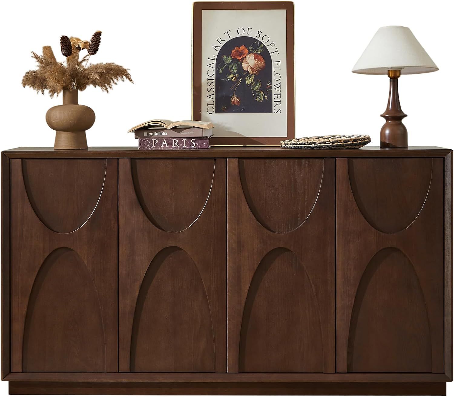 LKTART 59" Sideboard Buffet Cabinet Retro Accent Storage Cabinet with Magnetic Door Latches Adjustable Shelf for Living Room Kitchen(Walnut)