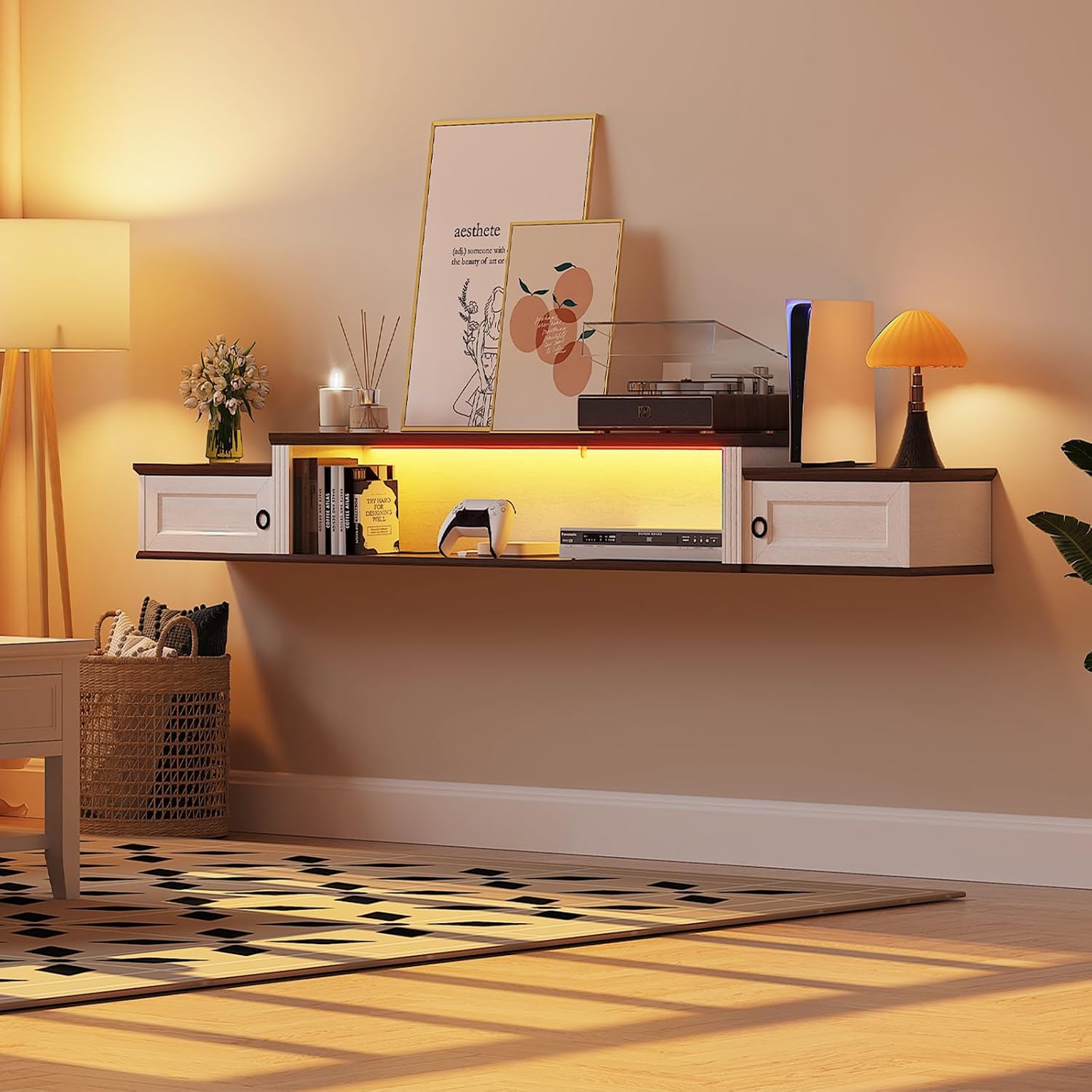 Farmhouse Floating TV Stand for 80" TVs, with LED Light & Outlet | 70" Modern Wood Floating TV Shelf, Minimalist TV Stand Wall Mounted for Living Room, Walnut + Antique White