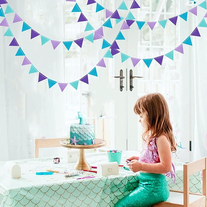Mermaid Party Decorations Purple Teal Felt Hanging Triangle Mini Bunting Pennant Banner Flag for Birthday Wedding Baby Shower Bachelorette Little Mermaid Under The Sea Party Classroom Nursery Decor