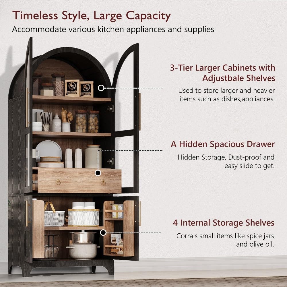 71" Tall Arched Kitchen Pantry Cabinet with Door Shelves, Farmhouse Kitchen Storage Cabinet with Open & Adjustable Shelves, Hidden Drawer & Glass Door, Cupboard for Kitchen, Dining Room, Black