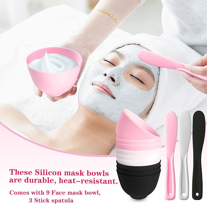 12Pcs Face Mask Mixing Bowl Set DIY Silicone Facial Mask Bowl for Home Salon Spa Face Skin Applicator Bowl with Stir Sticks, Black,White,Pink