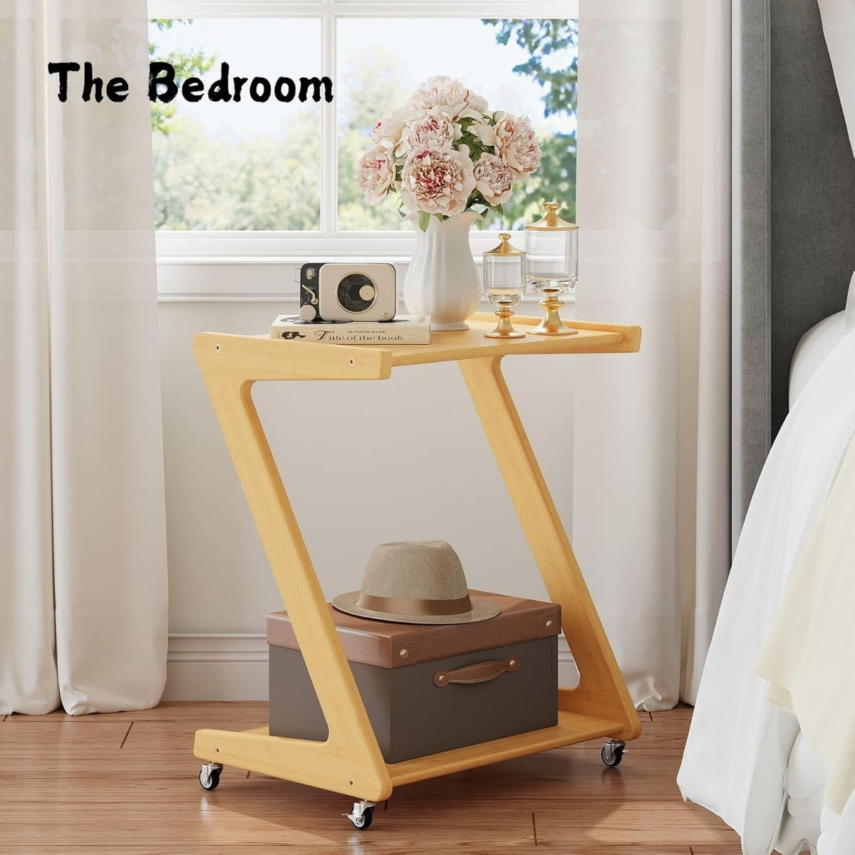 Auroral Zone Solid Wood Rolling Side Table with 2 Tiers, Mobile Z-Frame Snack Cart Or Coffee Table for Living Room, Bedroom & Sofa Use, Easy to Move