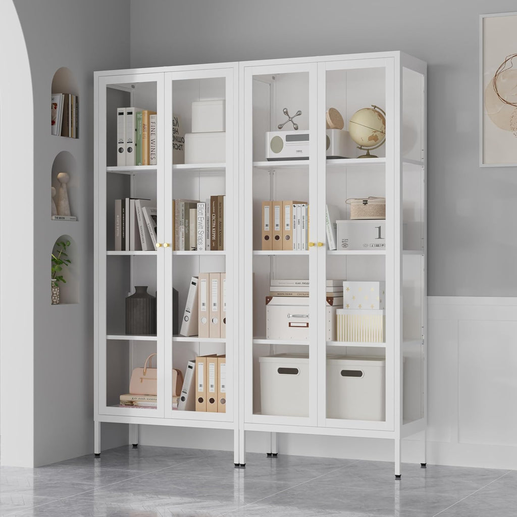 Glass Display Cabinet, 66" Tall Metal Storage Cabinet with Doors and Adjustable 3 Shelves, White Curio Glass Showcase, Pantry Storage Cabinet, Large Display Case for Living Room, Hallway, Kitchen