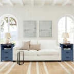Farmhouse Nightstands Set of 2 with Charging Station, End Table with 2 Drawers and Open Shelf, Wooden Bedside Cabinet for Bedroom, Home Office, Living Room, Blue