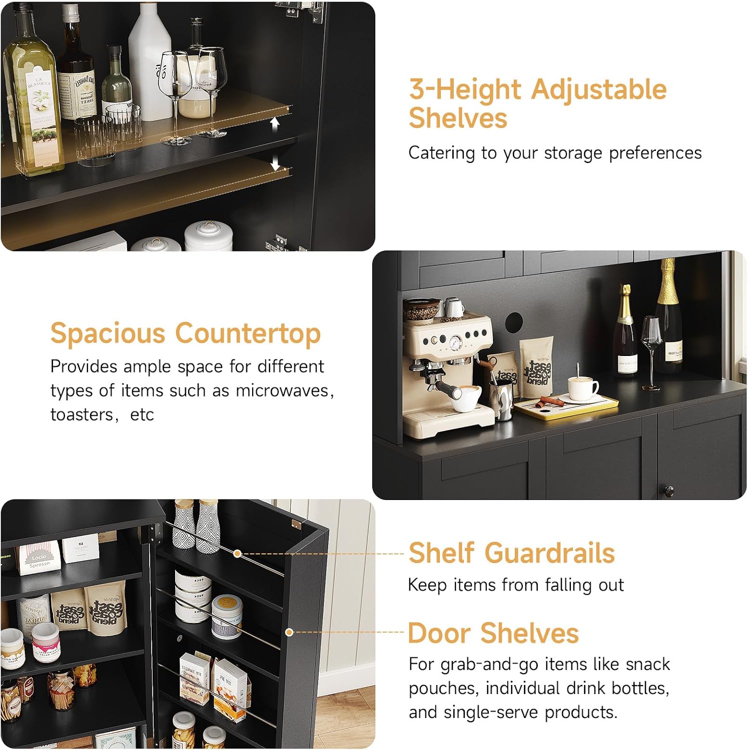 ONBRILL 71" Tall Kitchen Pantry Storage Cabinet, Kitchen Hutch, Black | Modern Food Pantry with Microwave Stand & Door Shelf, Freestanding pantry with 6 Door & Adjustable Shelves for Dining Room