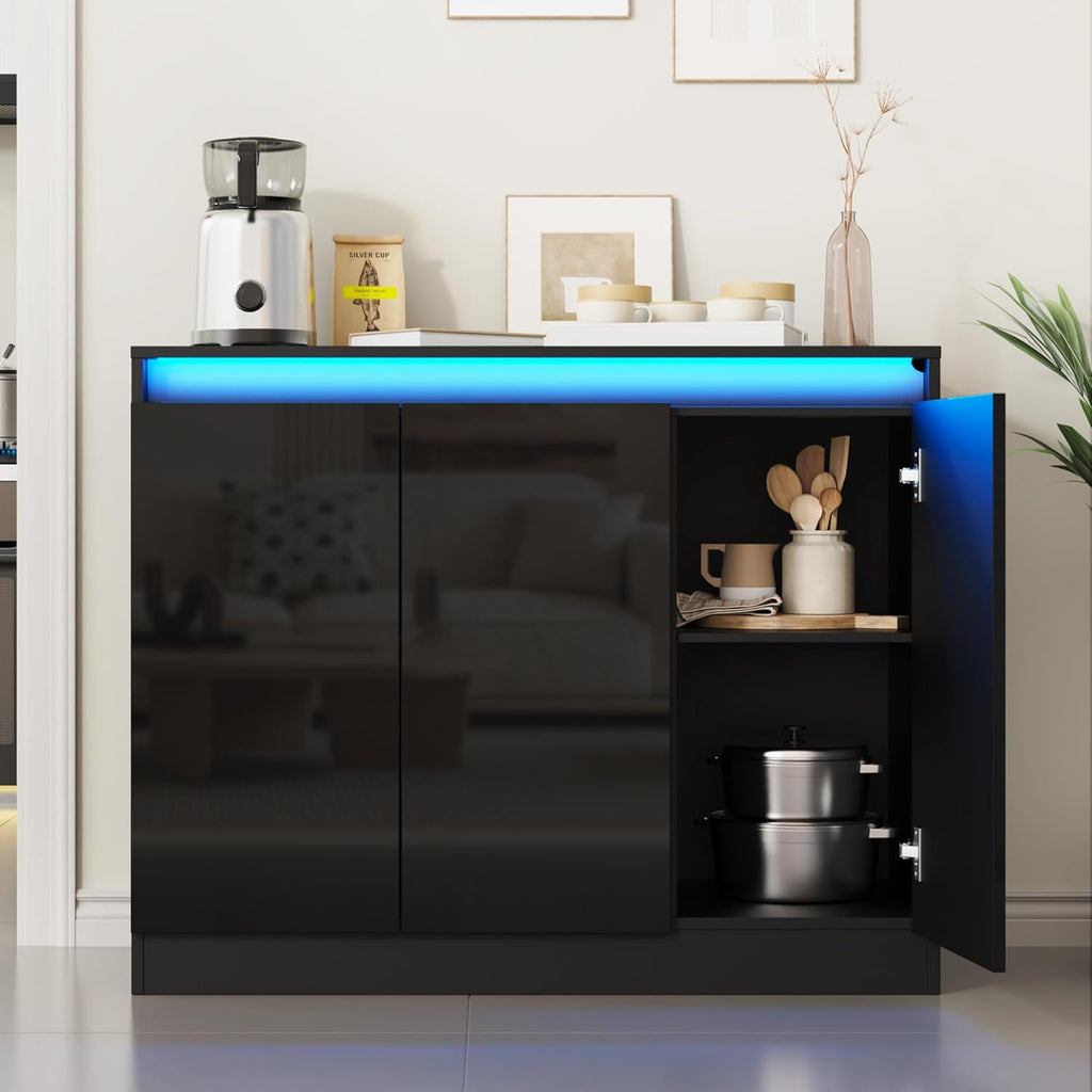 Furnify High Gloss Buffet Cabinet with LED Lights, Modern Sideboard Coffee Bar with 3 Doors & Charging Station, Handless Modern Sideboard Storage Cabinet for Living Room, Entryway, Black