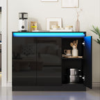 Furnify High Gloss Buffet Cabinet with LED Lights, Modern Sideboard Coffee Bar with 3 Doors & Charging Station, Handless Modern Sideboard Storage Cabinet for Living Room, Entryway, Black