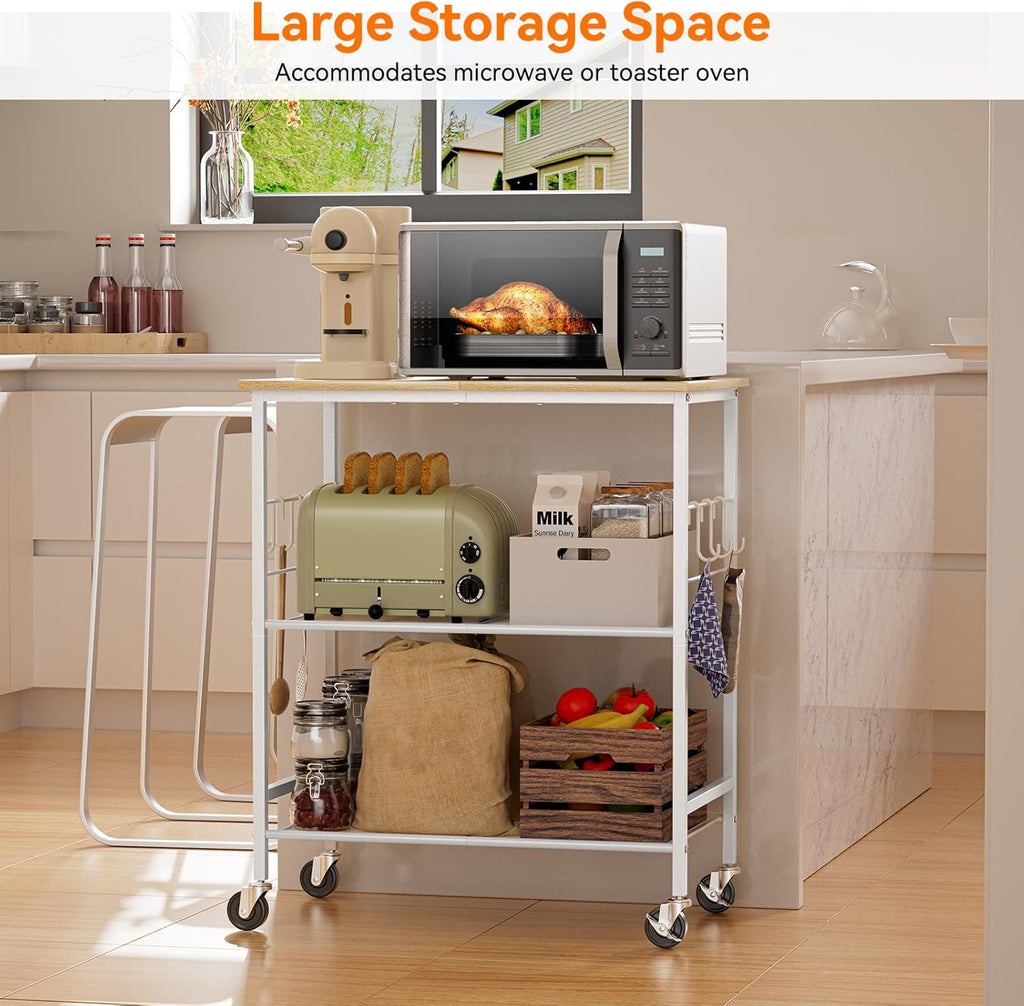 NTE Rolling Kitchen Microwave Cart, 3 Tier Microwave Stand with Storage, Small Kitchen Island on Wheels, Kitchen Storage Cart with 6 Hooks for Kitchen, Coffee Bar, Living Room, Balcony