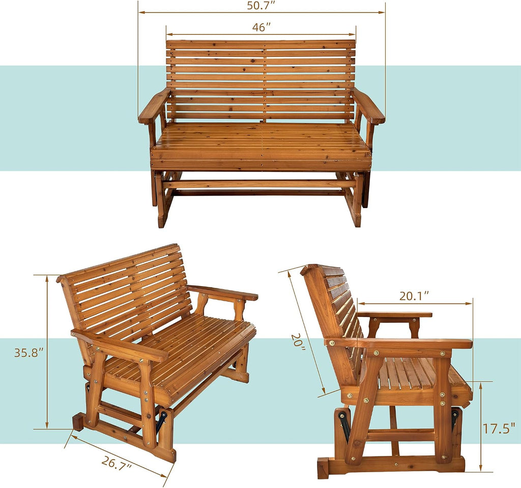 Fortune Candy Wooden Patio Glider with High Roll Back and Deep Contoured Seat, Solid Fir Wood, 2-Seater, Heavy Duty 800 LBS, 4 Ft. (Cedar Tone PU)