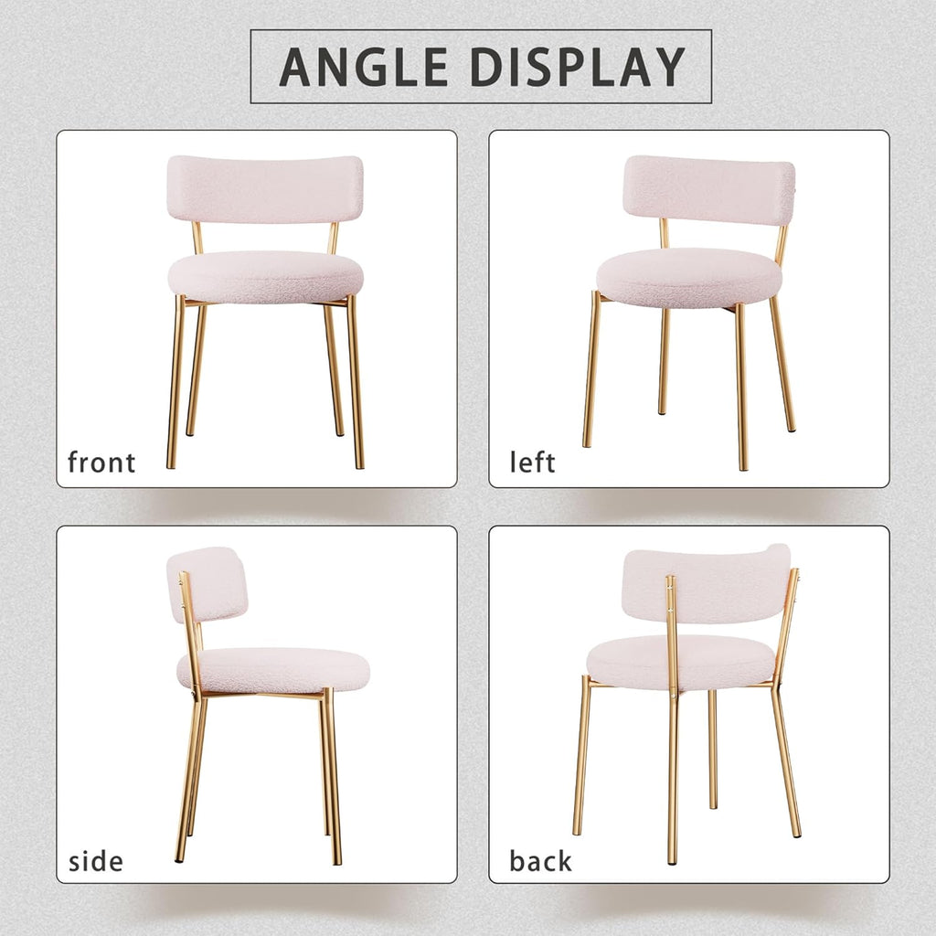 Boucle Dining Chairs Set of 2, Modern Round Upholstered Dining Chairs, Curved Backrest Kitchen Dining Room Chairs, Mid-Century Pink Dining Chair with Golden Metal Legs