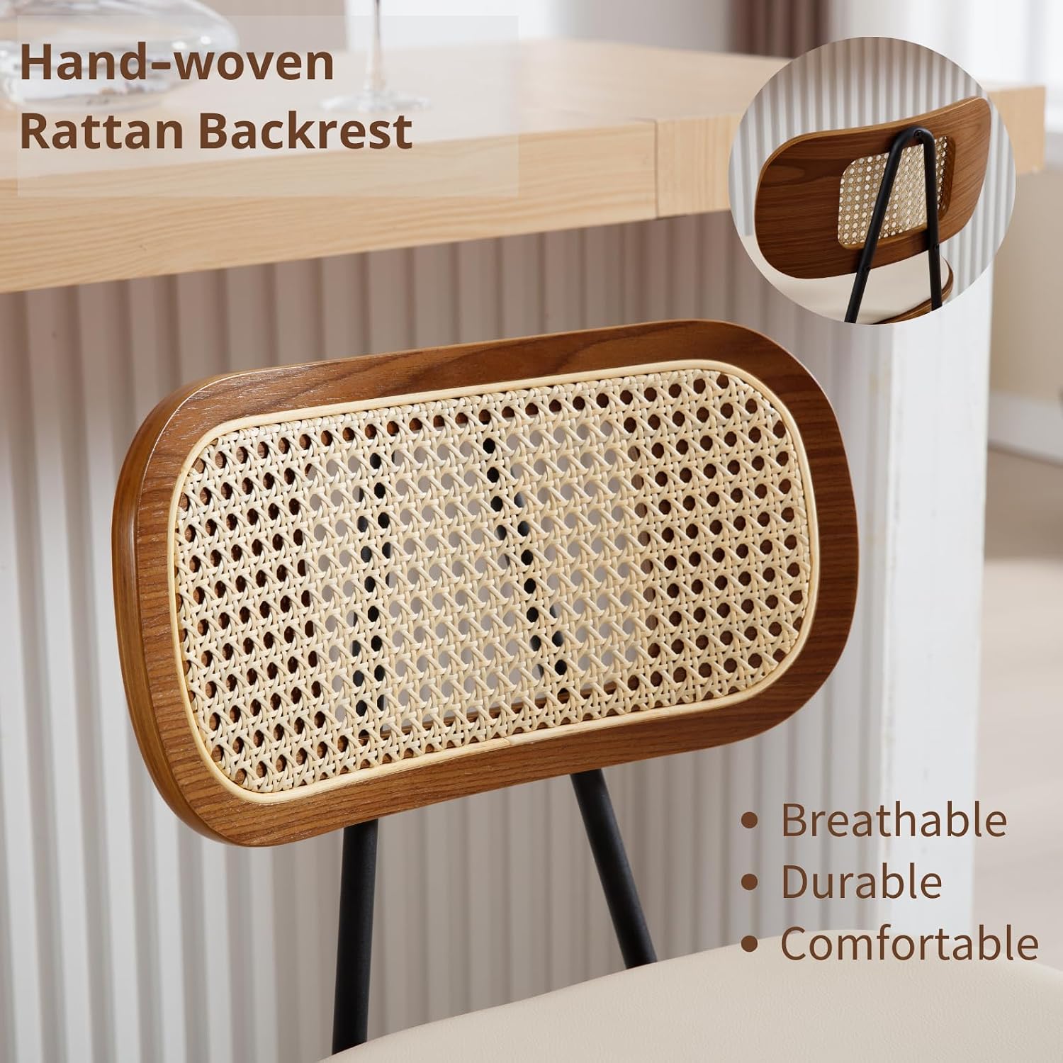 HEAH-YO Rattan Counter Stools Set of 2, 26 Inches Counter Height Bar Stools with Backrests and Wood Legs, Modern PU Leather Rattan Stool for Kitchen Island, PU Beige