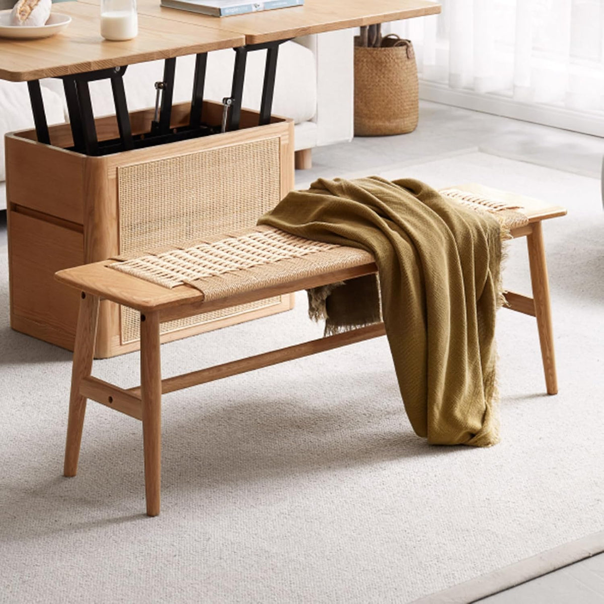 Rattan Wood Bench,100% Solid Oak Dining Bench with Woven Design, Sturdy Mortise Bench for Bench,Entryway,Dining,White/Beige Color (47.24inch Beige Color)