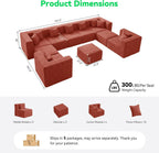 MONVANE Oversized Sectional Couch 10-Seat, Chenille, Rust Red | Sectional Couch for Living Room, Modular Cloud Sofa with Ottoman & 10 Throw Pillows, No Assembly Required