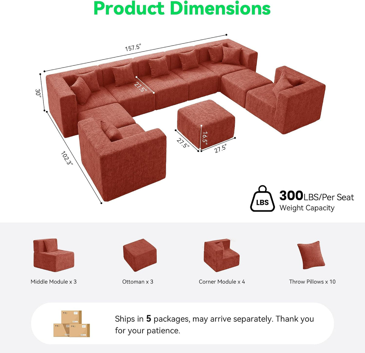 MONVANE Oversized Sectional Couch 10-Seat, Chenille, Rust Red | Sectional Couch for Living Room, Modular Cloud Sofa with Ottoman & 10 Throw Pillows, No Assembly Required